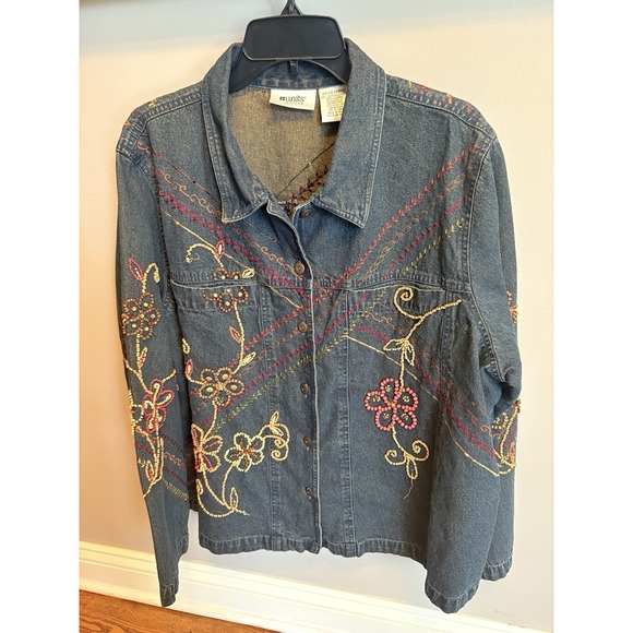 Units Jackets & Blazers - Units Woman 2X Denim Button Long Sleeve Shirt Jacket Beading Mixed Fabric Boho